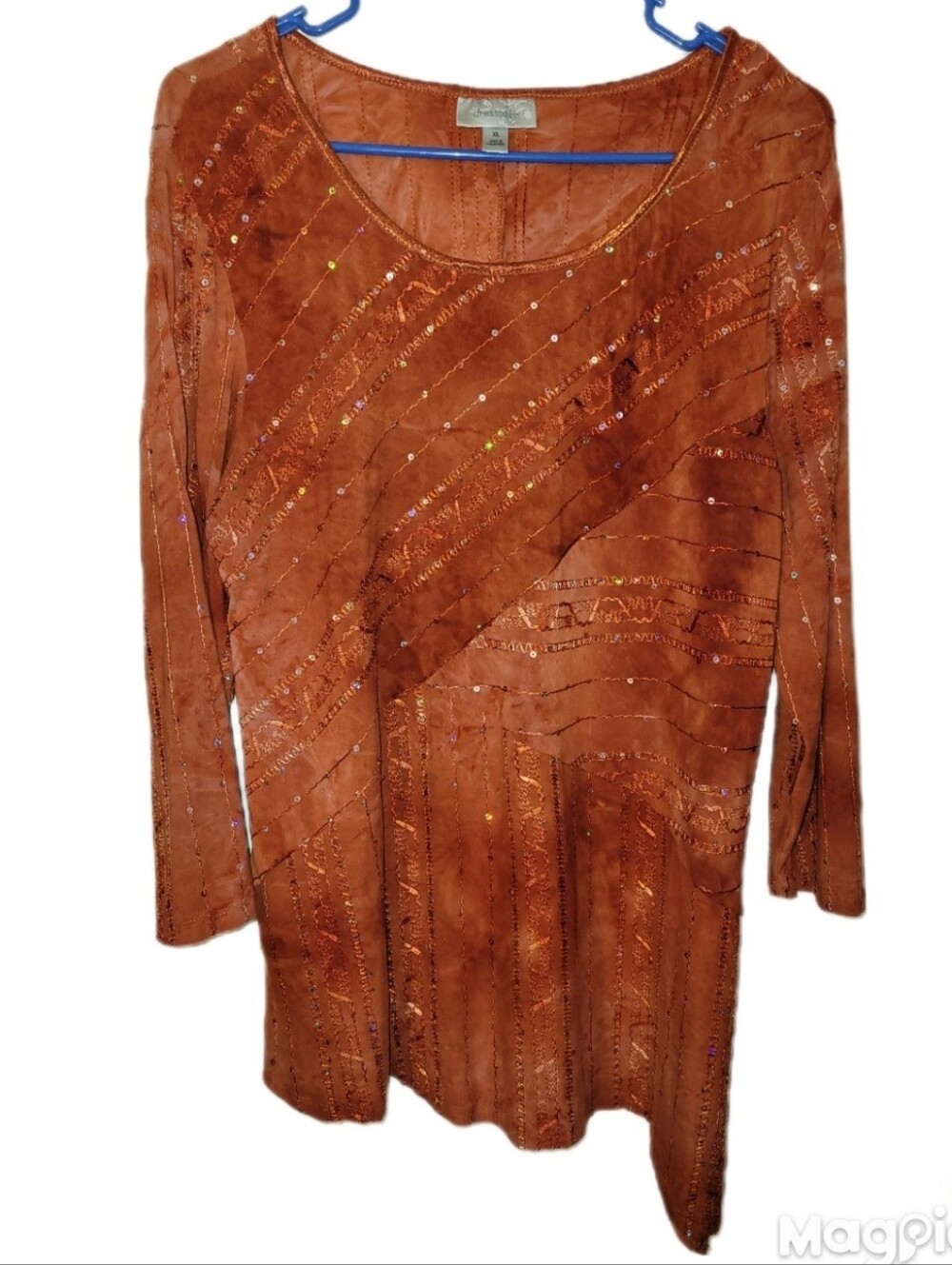 Dress Barn Tunic Burnt Orange Sequin Ribbon Embroidery Bohemian Artsy XL